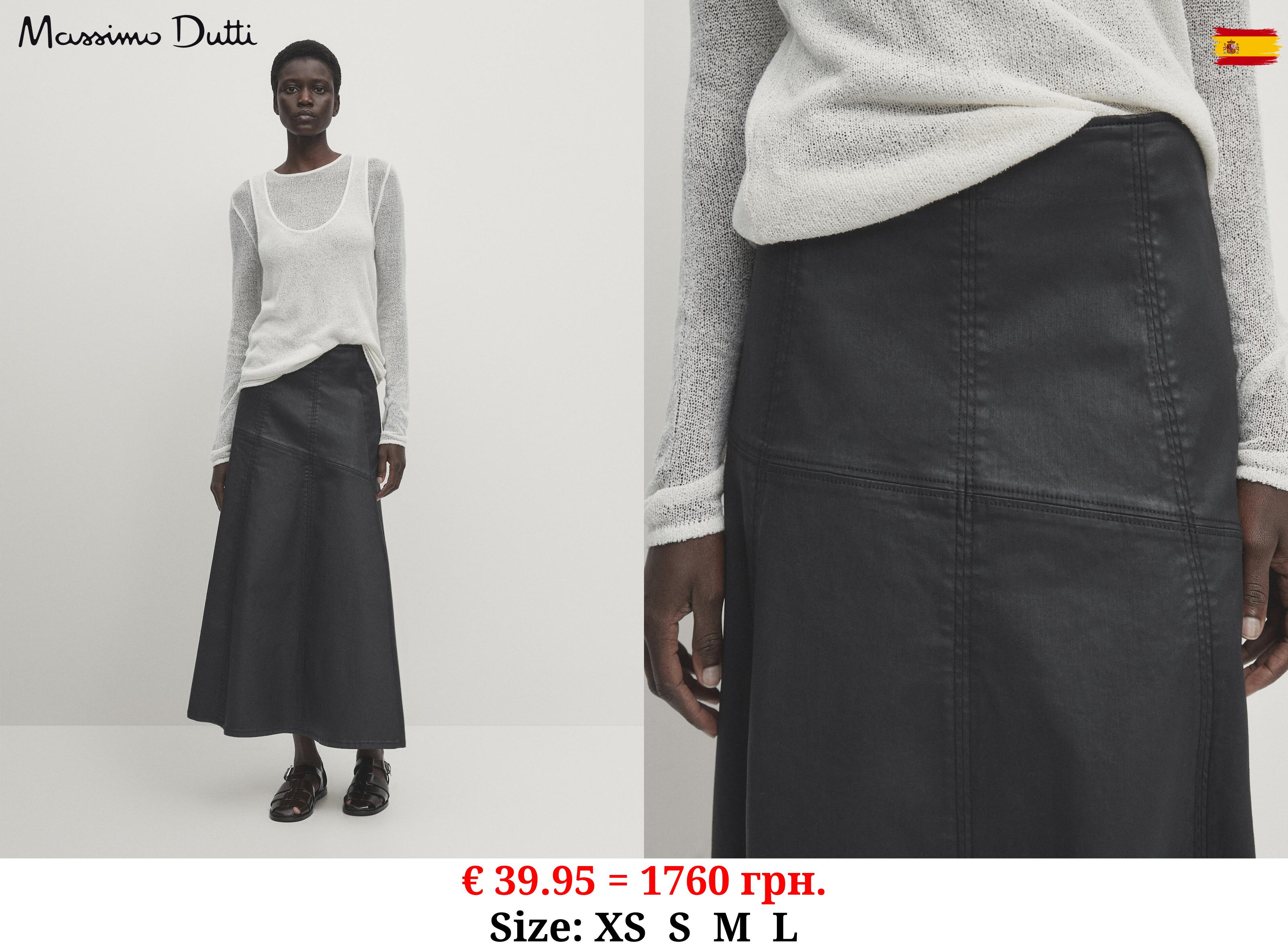 Waxed midi skirt with seam detail BLACK