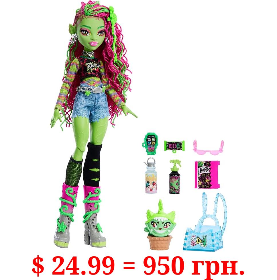 Monster High Venus McFlytrap Doll with Plant Monster Pet Cat Chewlian and Accessories Like Backpack, Notebook, Snacks and More