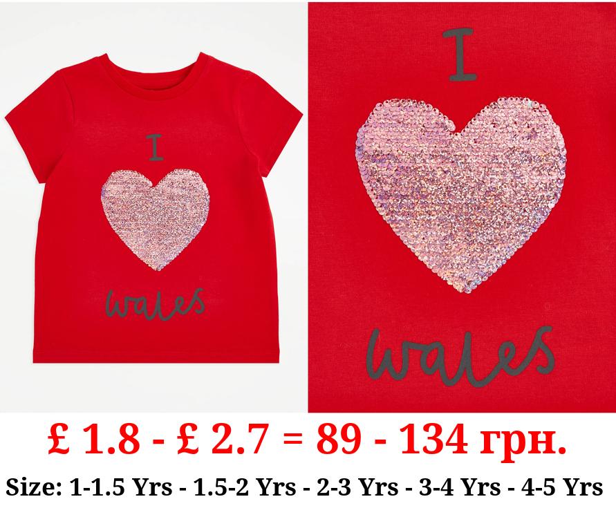 Red I Love Wales Flippy Sequin Heart T-Shirt