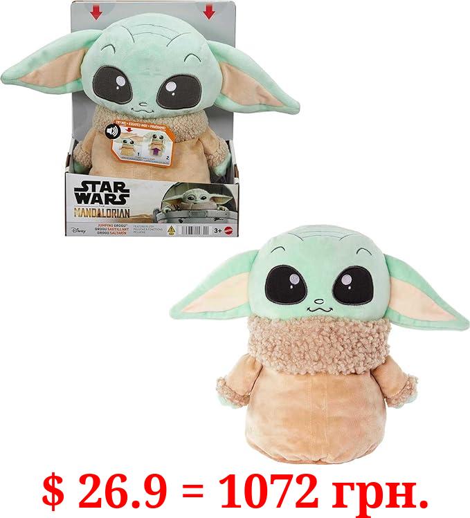 Mattel ​Star Wars Jumping Grogu Plush Toy with Jumping Action and Sounds, Soft Doll Inspired by Star Wars Mandalorian Book of Boba Fett