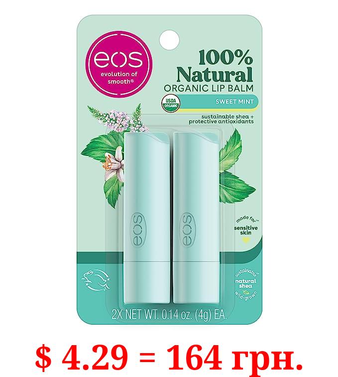 eos 100% Natural & Organic Lip Balm Sticks- Sweet Mint, All-Day Moisture, Dermatologist Recommended for Sensitive Skin, 0.14 oz, 2-Pack