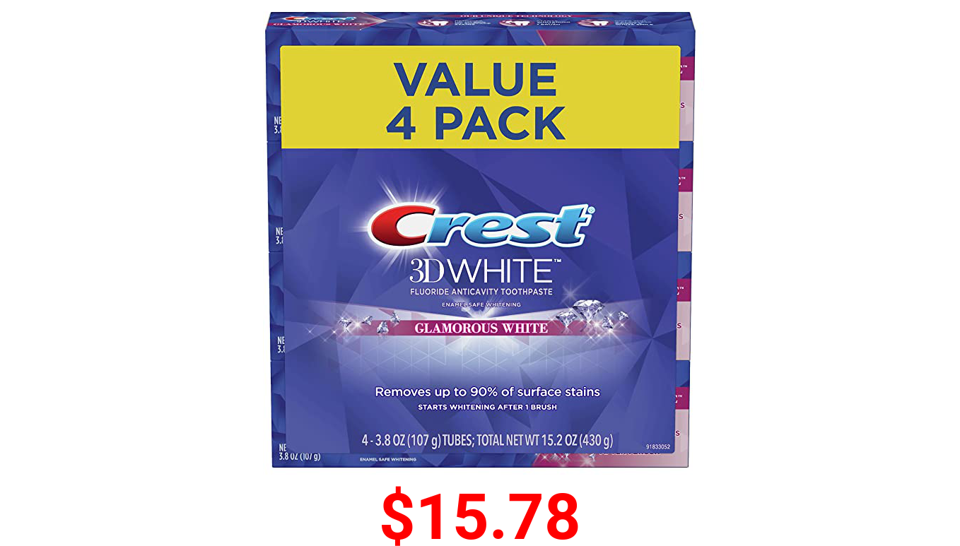 Crest Toothpaste 3D Glamorous White, Mint, (Packaging May Vary) 3.8 Oz, Pack of 4