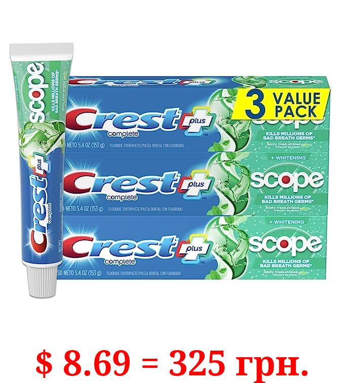 Crest + Scope Complete Whitening Toothpaste - Pack of 3, 5.4 Oz Tubes - Anticavity Fluoride Toothpaste - Fresh Breath, Kills Germs - Tartar Protection, Enamel Protection - Minty Fresh Flavor 