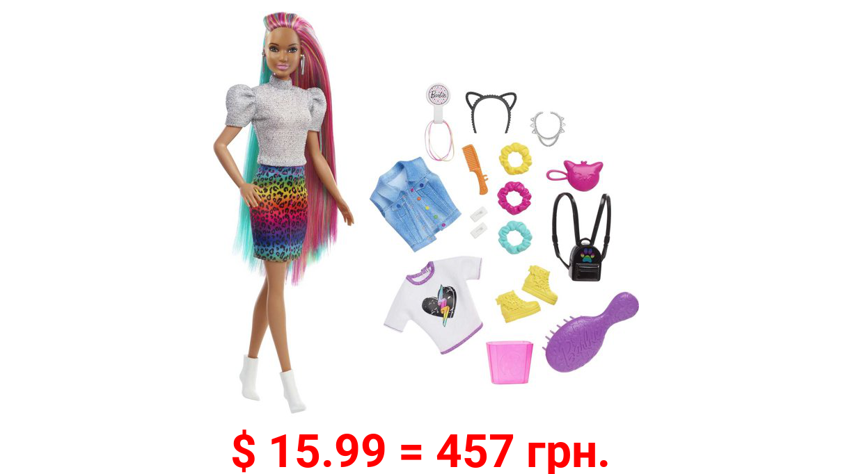 Barbie Leopard Rainbow Hair Doll with Color-Change Hair Feature, 16 Accessories, Ages 3 To 7