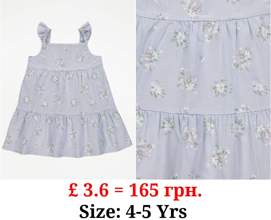 Light Blue Floral Frill Strap Tiered Dress