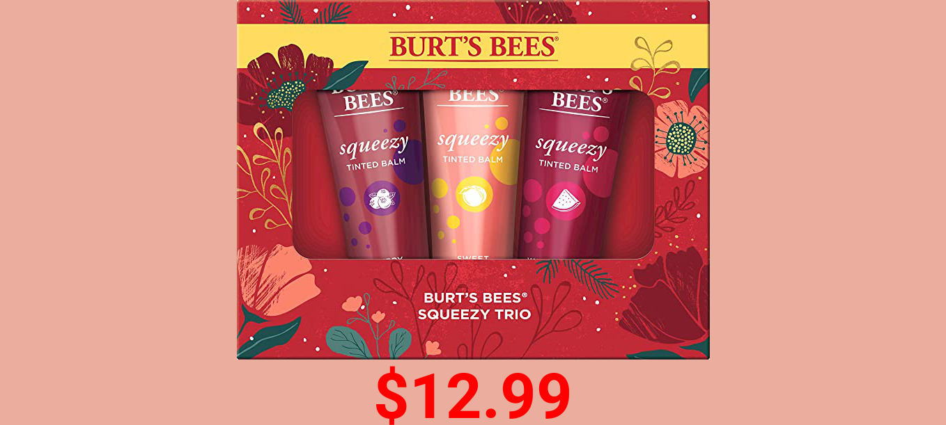 Burt’s Bees Holiday Gift, 3 Lip Care Stocking Stuffer Products, Squeezy Trio Set - Squeezy Tinted Balm with Berry Sorbet, Sweet Peach & Watermelon Rush