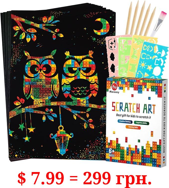 Mocoosy 60Pcs Scratch Art Paper Set for Kids, Rainbow Magic Scratch Off Paper Sheets, Black Scratch Note Drawing Doodle Pads Arts Crafts Kits Children Birthday Party Favor Game Activities DIY Projects