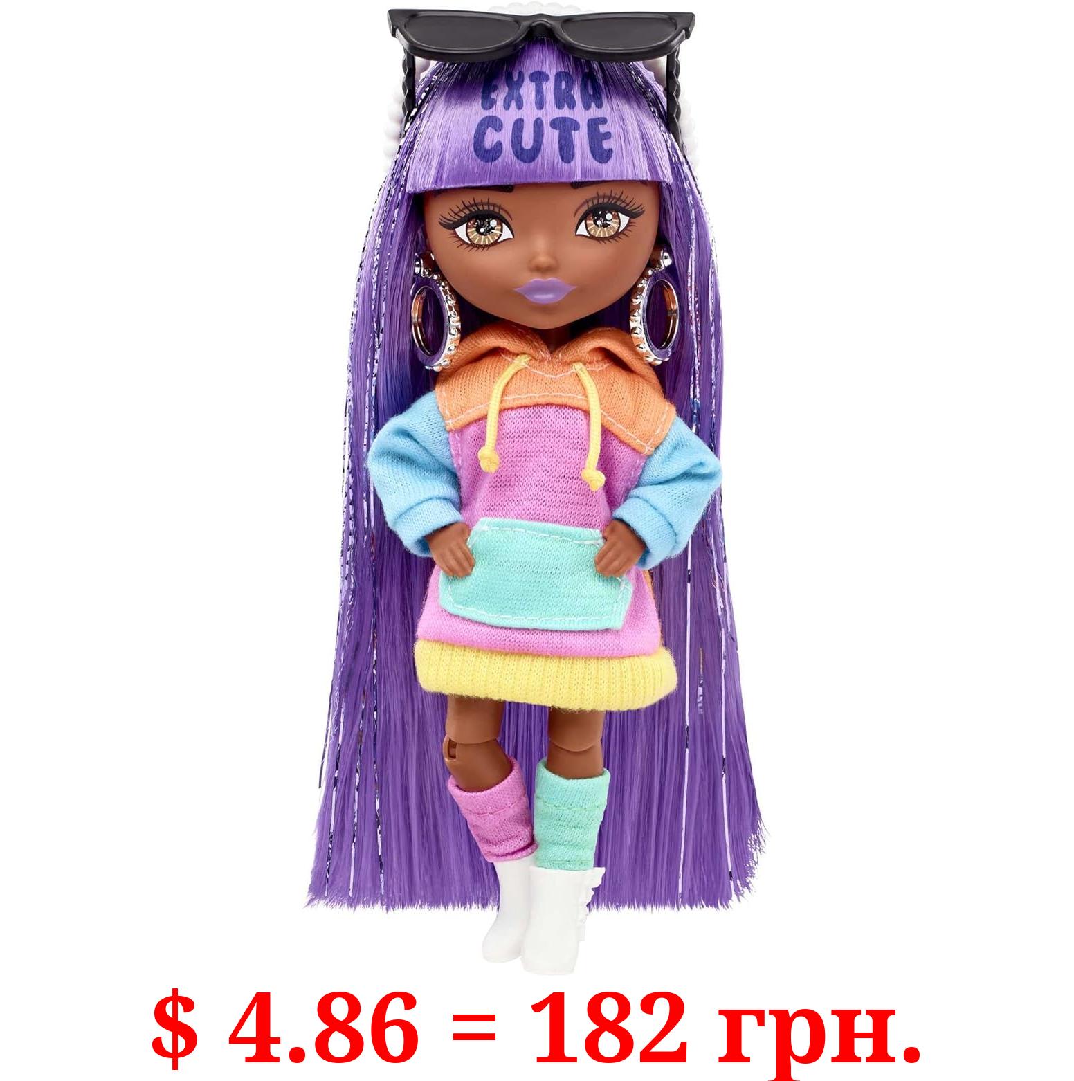 Barbie Extra Minis Doll #7 (5.5 in) Wearing Color-Block Hoodie Dress & Boots, with Doll Stand & Accessories, Toy for Kids Ages 3 Years Old & Up