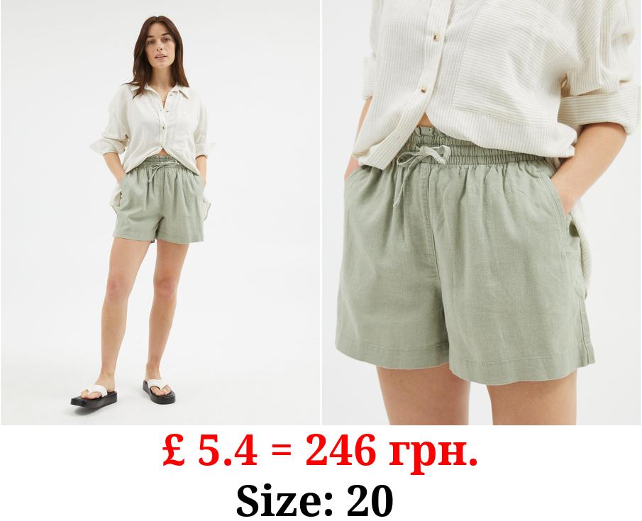 Khaki Tie Waist Linen Blend Shorts