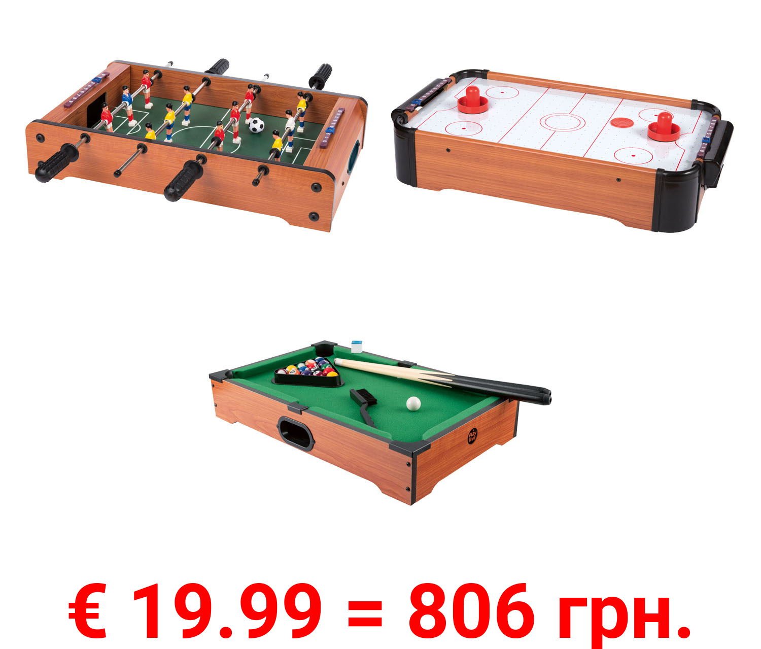 Playtive Holz Tischspiele, Mini Tischfußball / Mini Air Hockey / Mini Pool Billard