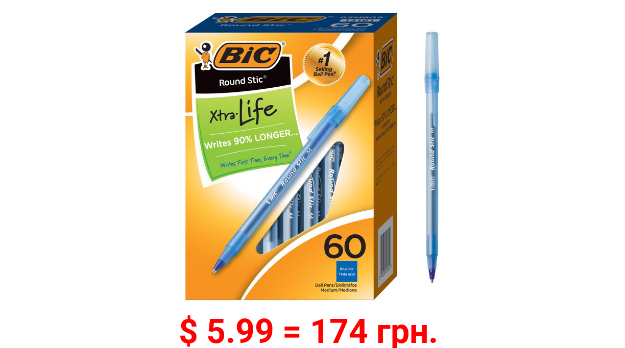 BIC Round Stic Xtra Life Ball Pen, Medium Point (1.0mm) -- Box of 60 Blue Pens