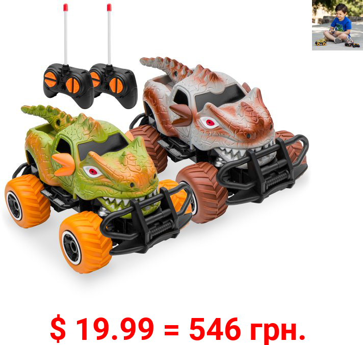 Best Choice Products Set of 2 1/43 Scale 27MHz Toy Dinosaur RC Cars w/ 2 Controllers, 9mph Max Speed