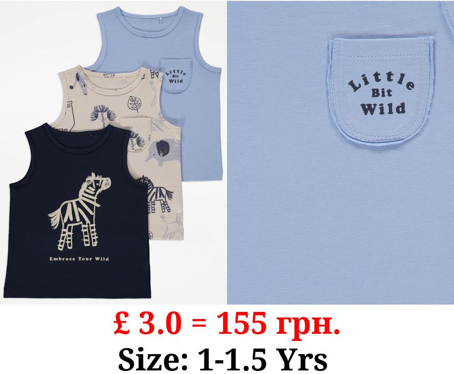 Blue Zebra Slogan Pocket Vest Tops 3 Pack