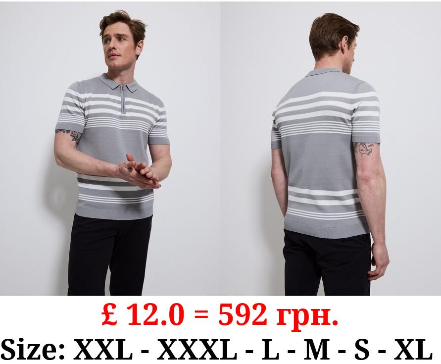 Grey Striped Zip Neck Knitted Polo Top