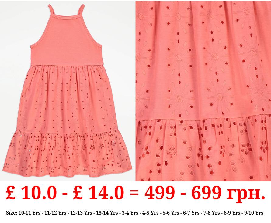 Coral Broderie Lace Tiered Dress