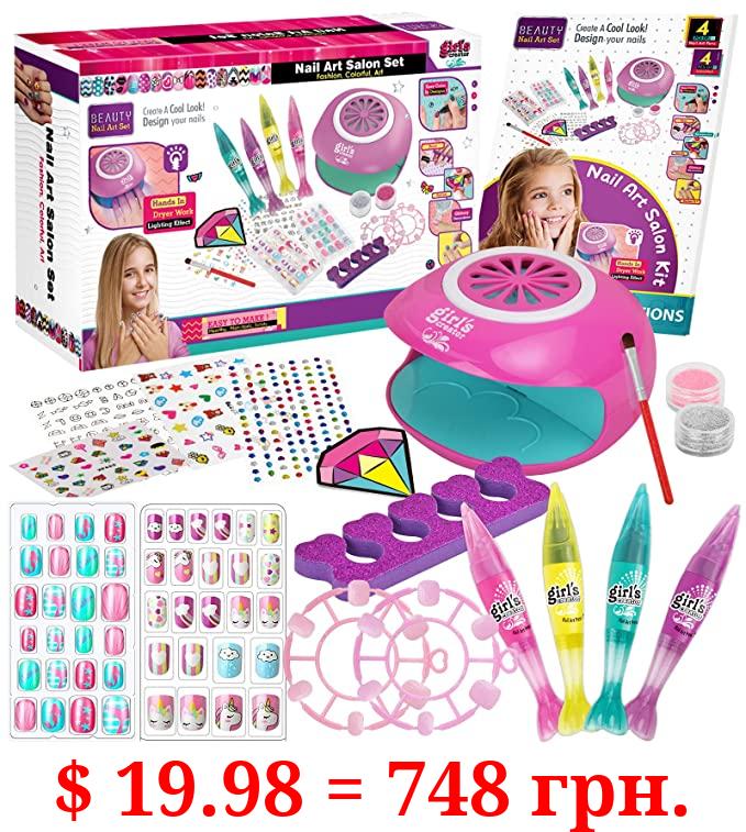 Amagoing Nail Art Kit for Girls, Kids Nail Polish Play Set with Nail Dryer, 2 in 1 Nail Pens,Sticky Cartoon Fake Nail, DIY Sticker, Nail Studio Decoration Birthday Christmas Gift for Kids Age 6-12