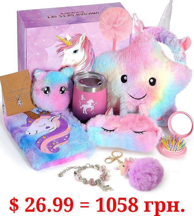 Unicorns Gifts for Girls 5 6 7 8 9 10+ Years Old, Kids Unicorn Toys with Light Up Plush Star Pillow/ Diary/ Headband/ Eye Mask/ Water Bottle, Soft Plush Toys Set for Teens Birthday Gifts Christmas