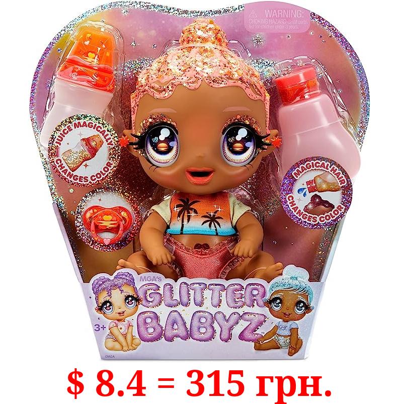 MGA'S Glitter BABYZ Solana Sunburst Baby Doll with 3 Magical Color Changes, Coral Pink Hair, Tropical Sunset Outfit, Diaper, Bottle, Accessories- Gift for Kids, Toy for Girls Boys Ages 3 4 5+ Years