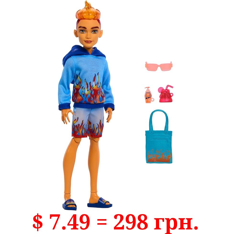 Monster High Scare-adise Island Heath Burns Doll with Flame Hoodie, Swim Trunks and Beach Accessories Like Sunglasses