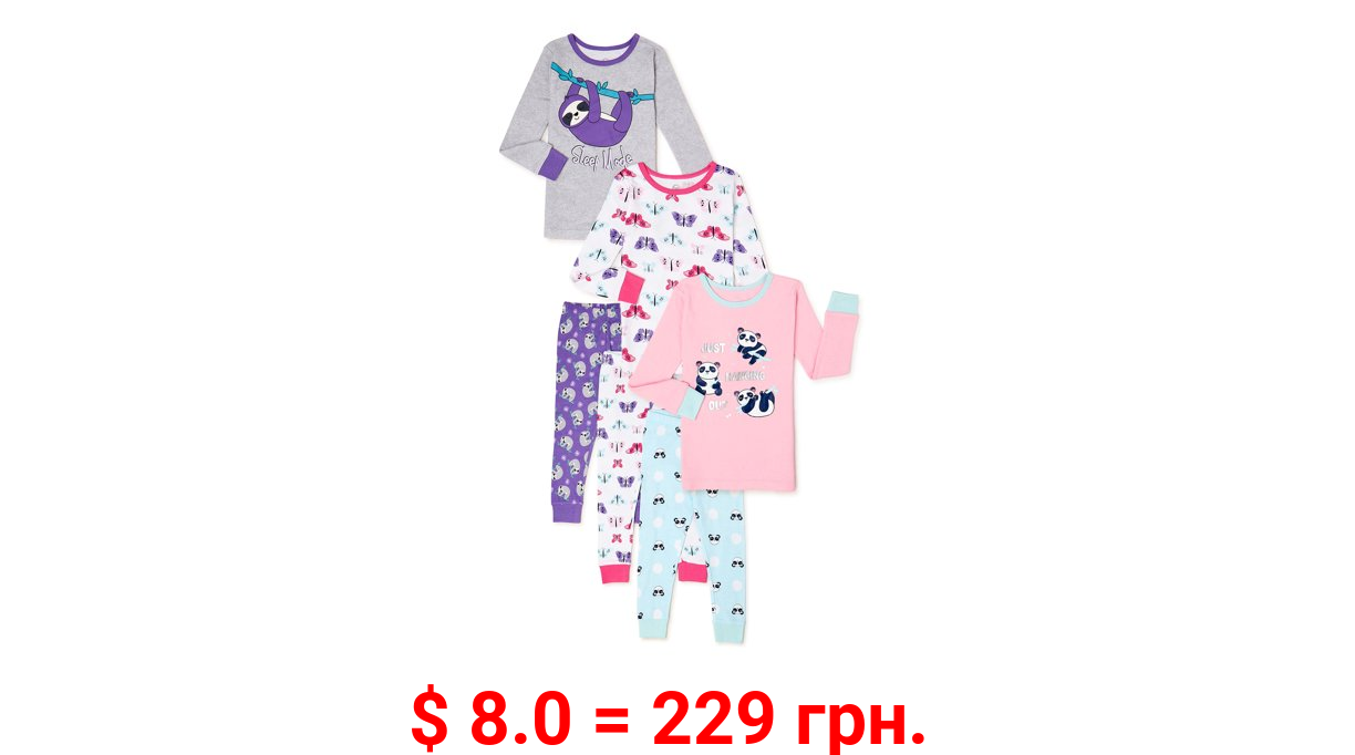 Wonder Nation Baby and Toddler Girl Long Sleeve Snug Fit Cotton Pajamas, 6-Piece Set, Size 12M-5T