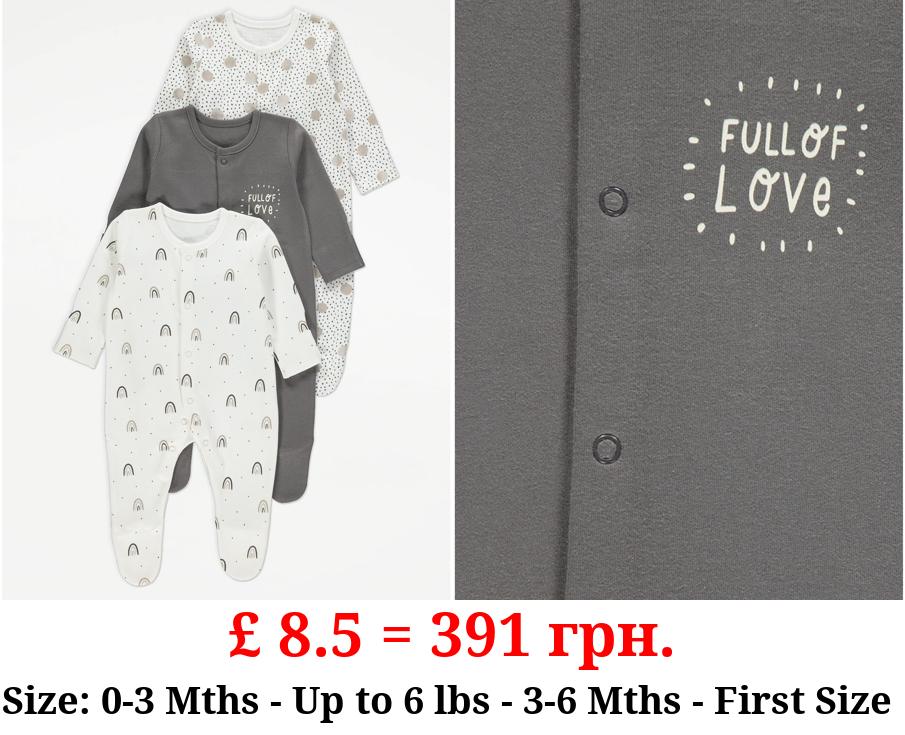 Unisex Grey Rainbow and Spot Sleepsuits 3 Pack