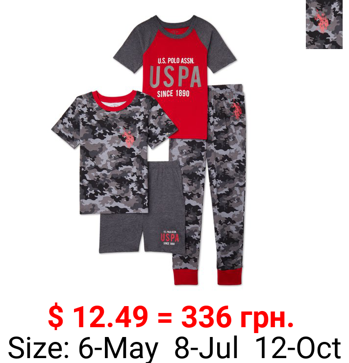 U.S. Polo Assn. Boys Tight Fit Short Sleeve Shirts, Shorts, and Pants Pajama Sleep and Lounge Set, 4-Piece, Sizes 7-16