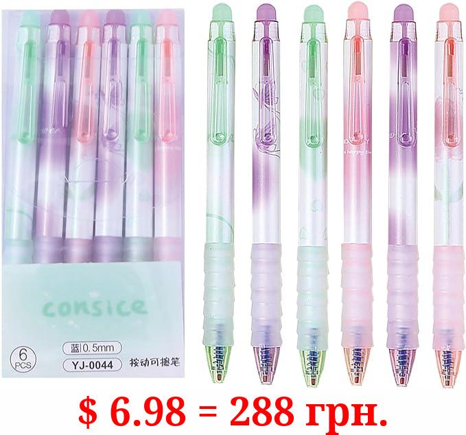 MOZXIRZ 6 Pcs Erasable Gel Ink Pens Retractable Pens 0.5mm Blue Ink Pen Office School Pens Cute Aesthetic Pens Women Girls Pens (Blue Ink-Pastel)