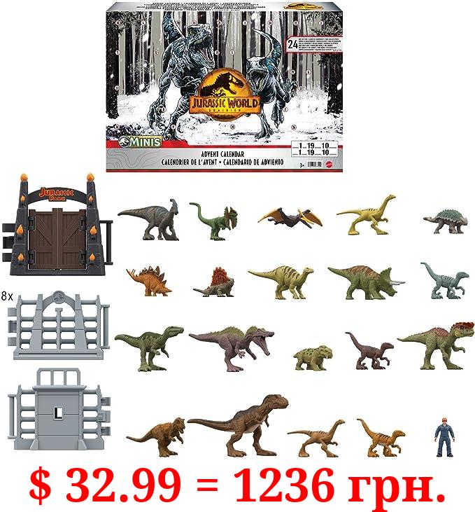 Mattel Jurassic World Dominion 2023 Holiday Advent Calendar, 24-Day Countdown, Daily Surprise of Mini Dinos, Humans & Gate Pieces
