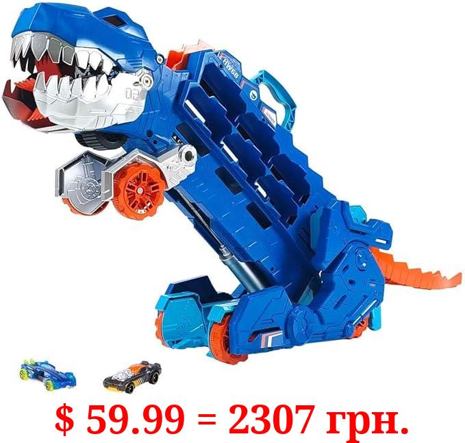 Hot Wheels City Ultimate Hauler, Transforms into Stomping T-Rex with Race Track, Lights and Sounds, Toy Storage for 20+ 1:64 Scale Cars