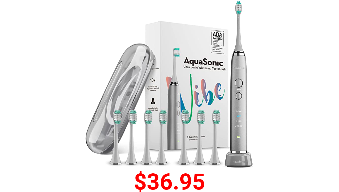 AquaSonic Vibe Series Ultra Whitening Toothbrush – ADA Accepted Electric Toothbrush - 8 Brush Heads & Travel Case - Ultra Sonic Motor & Wireless Charging - 4 Modes w Smart Timer – Charcoal Metallic
