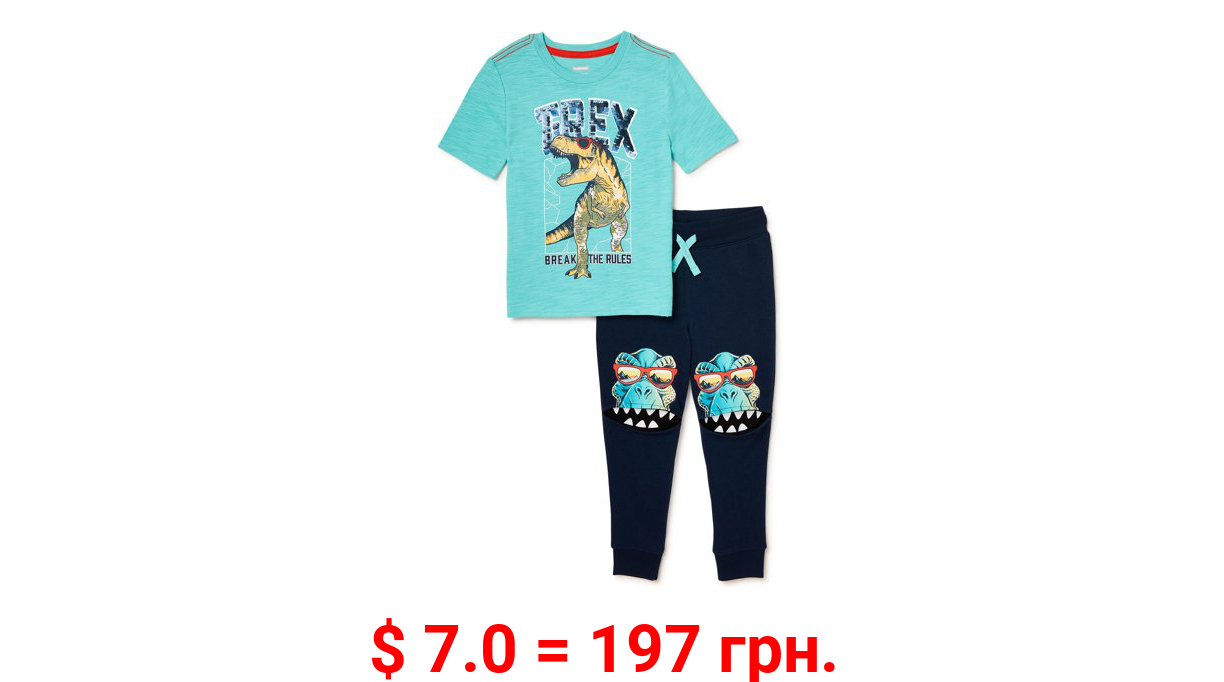 365 Kids from Garanimals Boys' Dino Flip Sequin T-Shirt and Knee Joggers, 2-Piece Outfit, Sizes 4-12