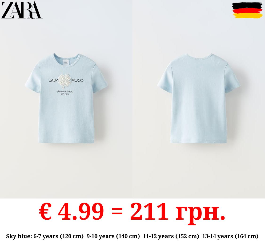 RIBBED T-SHIRT WITH FAUX PEARLS