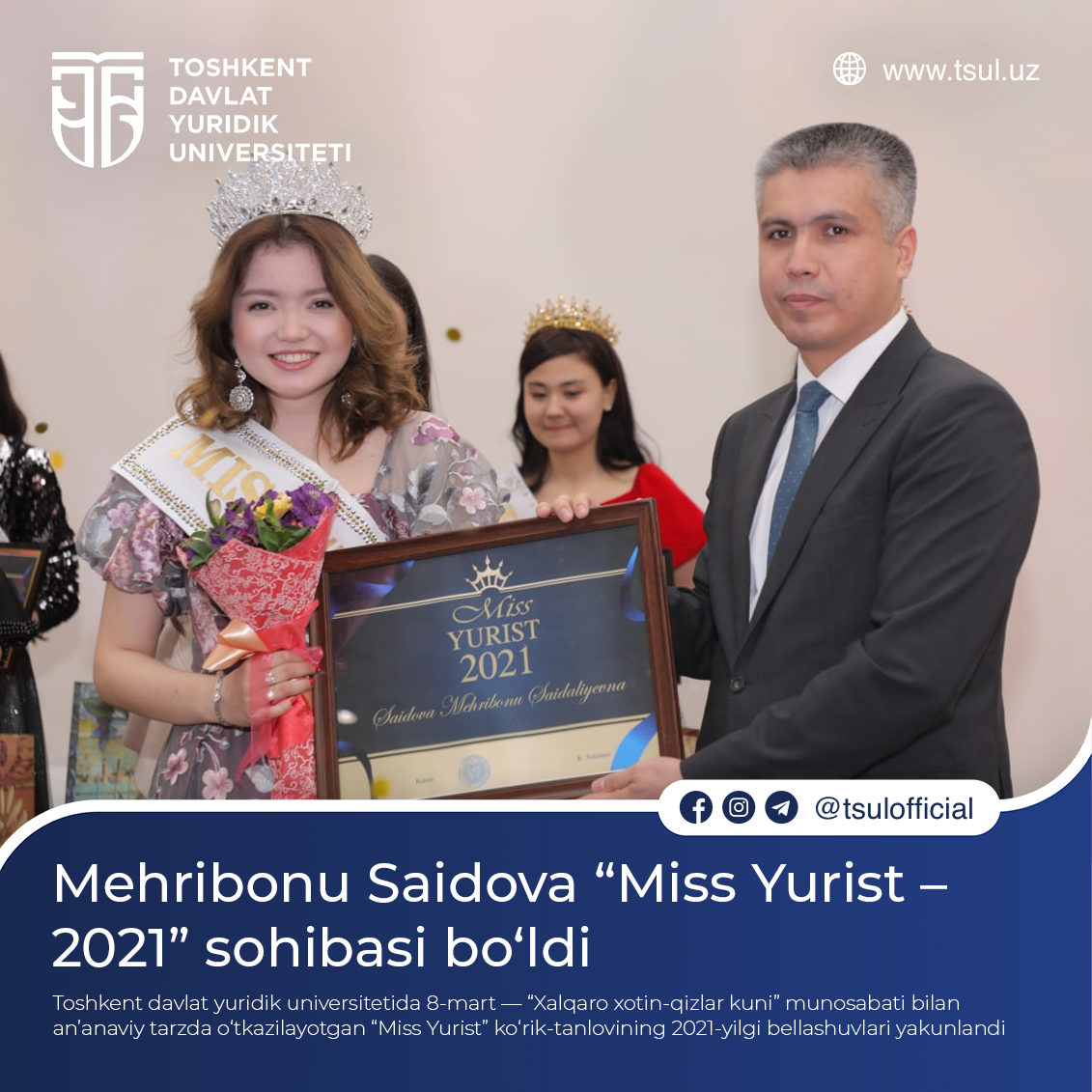 Mehribonu Saidova “Miss Yurist – 2021” sohibasi bo‘ldi – Telegraph
