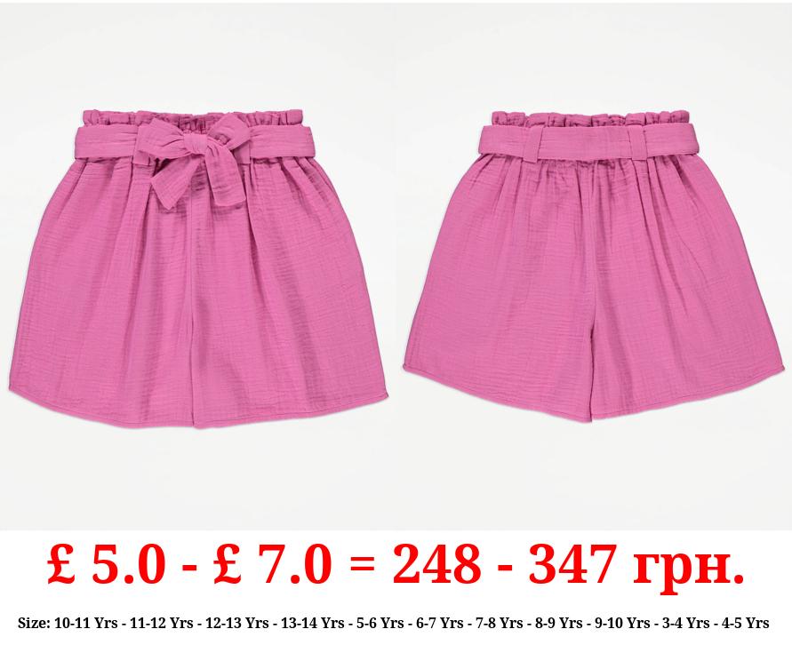 Pink Cheesecloth Paperbag Waist Shorts