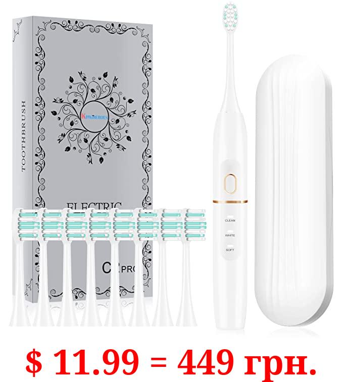kingheroes Sonic Electric Toothbrush with 8 Brush Heads & Travel Case，4 Modes, One Charge for 60 Days, 42000 VPM Motor，White Electric Toothbrush Set