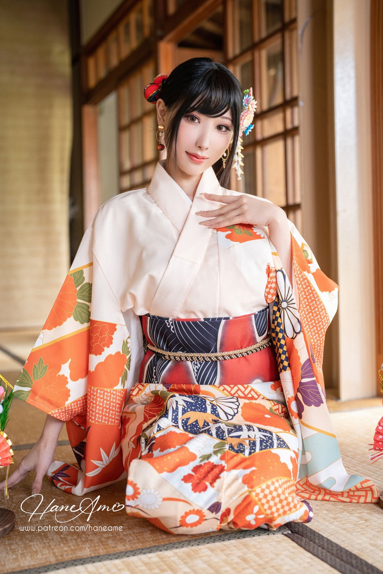 HaneAme 雨波 — Flower Print Kimono Girl 12