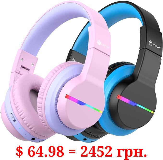 iClever BTH12 Kids Bluetooth Headphones 2 Pack,Colorful LED Lights Wireless Kids Headphones,74/85/94dB Volume Limited,55H Playtime,Bluetooth 5.2,Over Ear Headphones for iPad/Tablet/Traveling