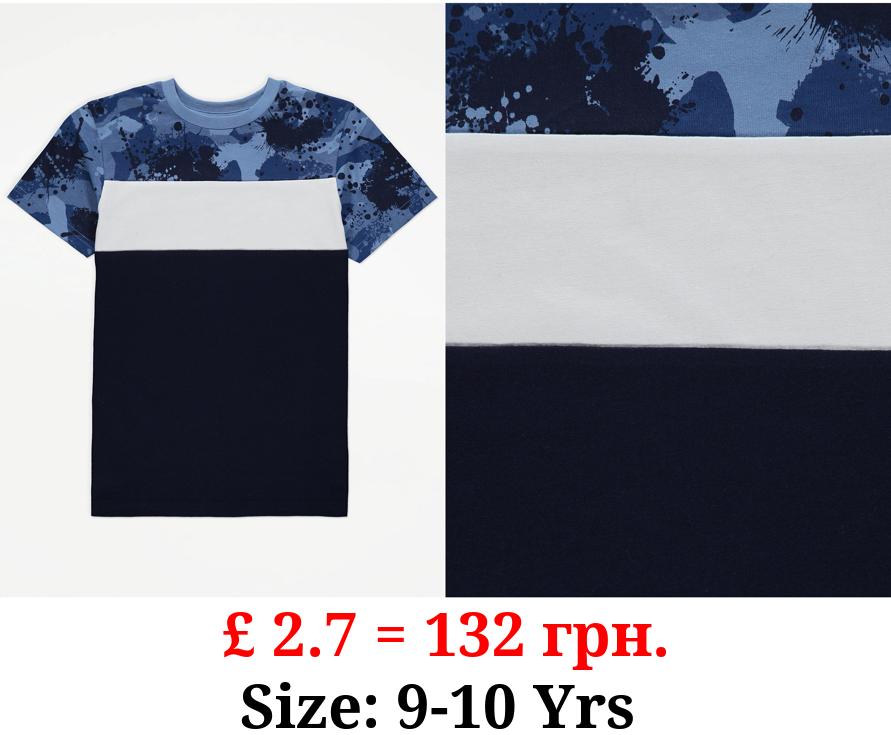 Blue Camouflage Colour Block T-Shirt