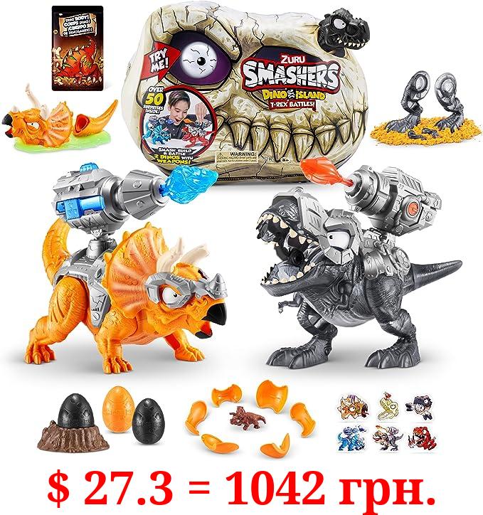 Smashers Dino Island T-Rex Battles (Black Version) by ZURU 50+ Surprises Boys Collectible Dinosaur T-Rex Triceratops Surprise Slime Sand Compounds Discovery