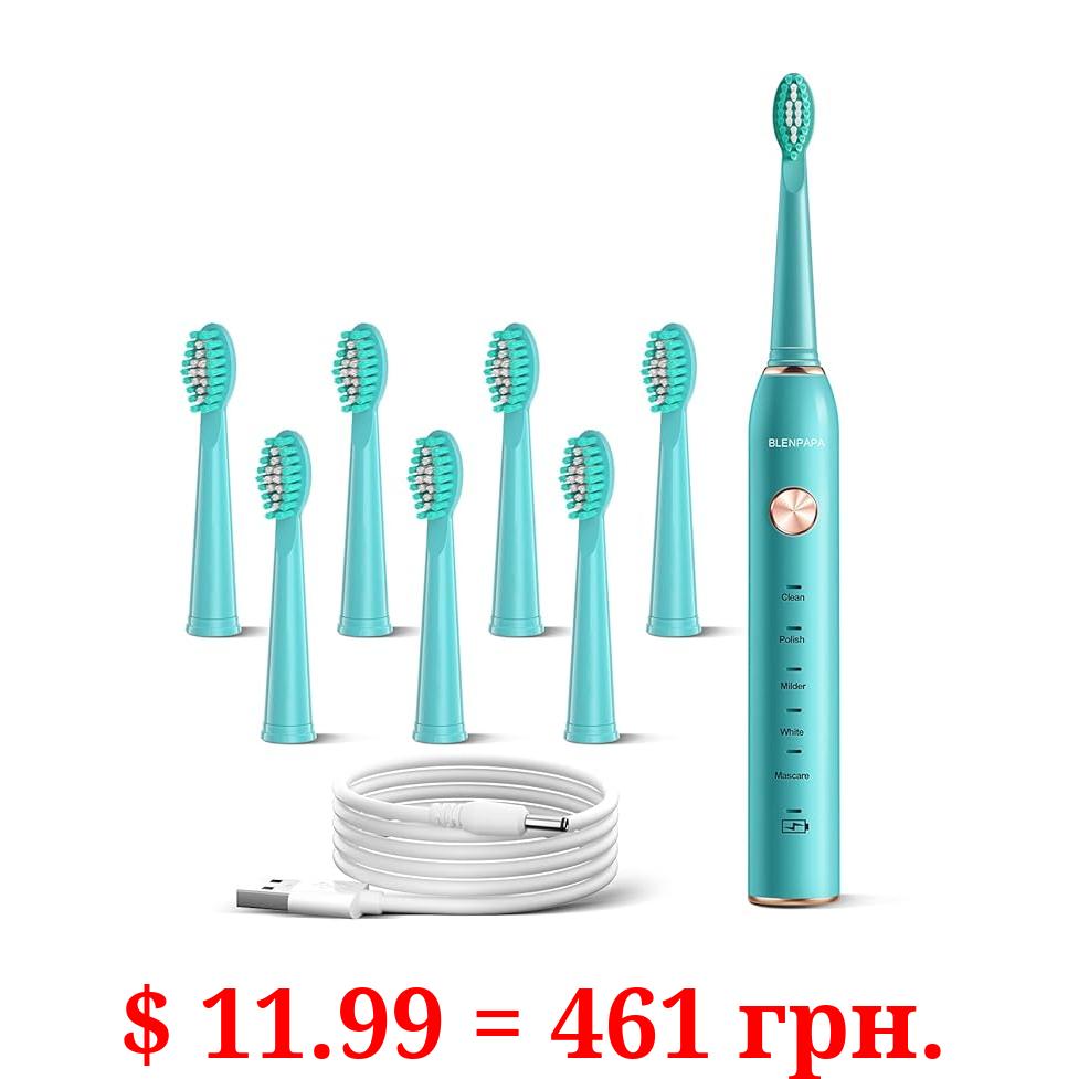Blenpapa USB Rechargeable Sonic Electric Toothbrush for Adults Powered Motor Soft Dupont Brush Heads 2 Minutes Timer 5 Modes Teeth Whitening, Green