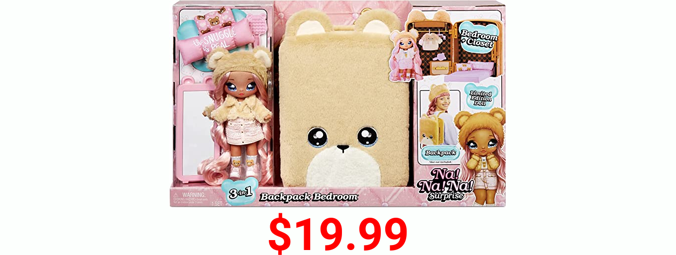 Na Na Na Surprise 3-in-1 Backpack Bedroom Playset Sarah Snuggles Fashion Doll in Exclusive Outfit, Fuzzy Teddy Bear Bag, Closet with Pillows & Blanket Accessories, Gift for Kids, Ages 5 6 7 8+ Years