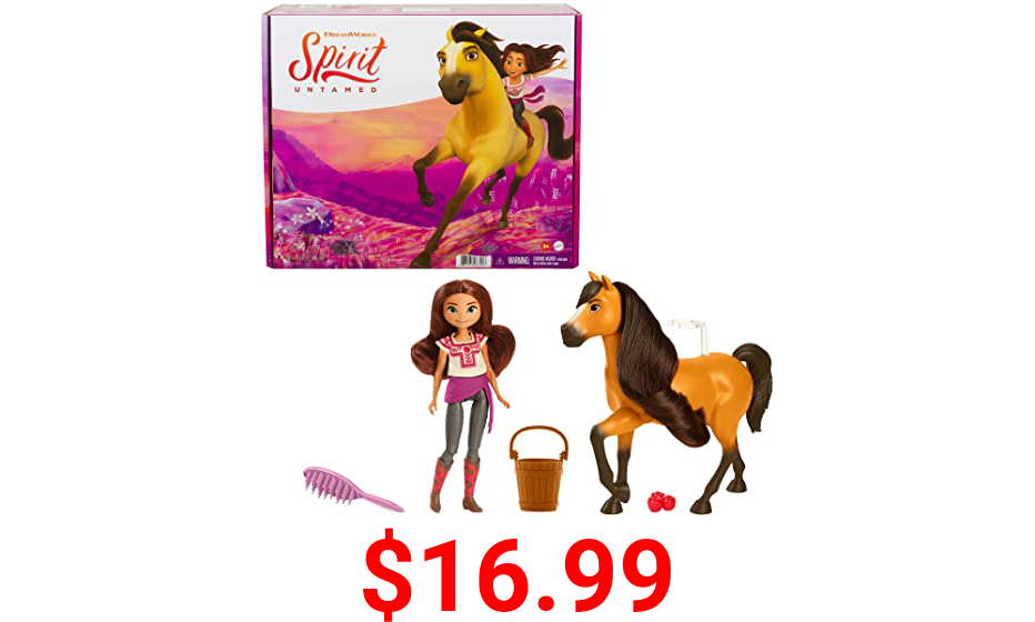 Mattel Spirit Untamed Lucky Doll (Approx. 7-in) & Spirit Horse (Approx. 8-in), with Long Mane, Trough, Hay, Brush, Apple Treat & Carrots, Great Gift for Ages 3 Years Old & Up [Amazon Exclusive]