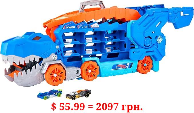 Hot Wheels City Ultimate Hauler, Transforms into Stomping T-Rex with Race Track, Lights and Sounds, Toy Storage for 20+ 1:64 Scale Cars
