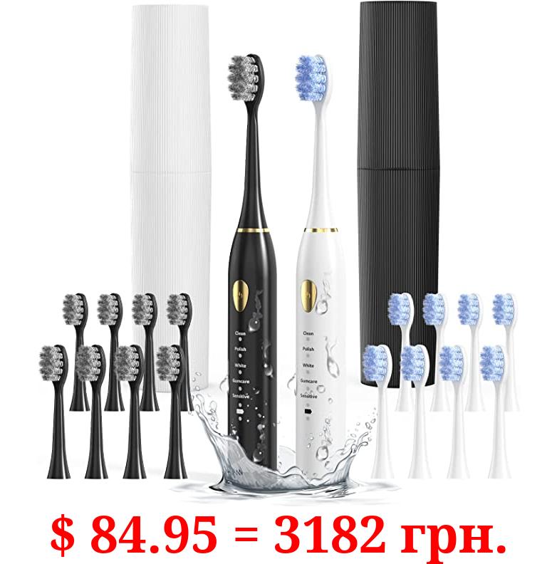 MOROLURU Dual Handle Ultra Whitening 35,000 VPM Electric ToothBrushes ,Black &White,5 Modes with Smart Timers ，Including 16 Dupont Screw Heads & 2 Travel Cases，IPX7 Waterproof
