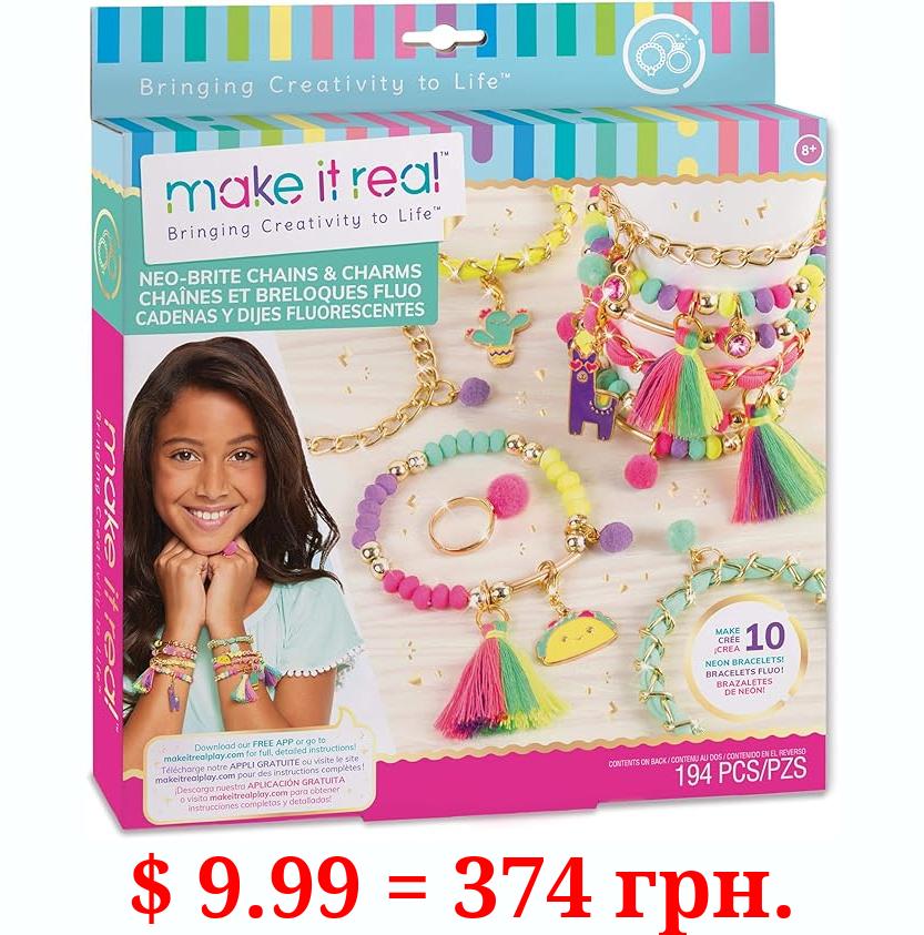 Make It Real: Neo-Brite Chains & Charms Kit - Create 10 Unique Cord & Tassel Charm Bracelets, 195 Pieces, Includes Play Tray,DIY Playful Charm & Jewelry Kit, Tweens & Girls, Arts & Crafts, Ages 8+