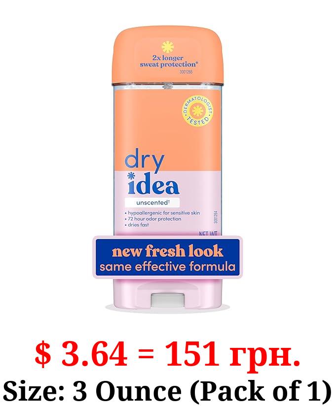 Dry Idea Gel Deodorant & Antiperspirant | 2X Longer Sweat Protection | 72-Hour Odor Protection | Unscented & Hypoallergenic for Sensitive Skin, 3 oz.