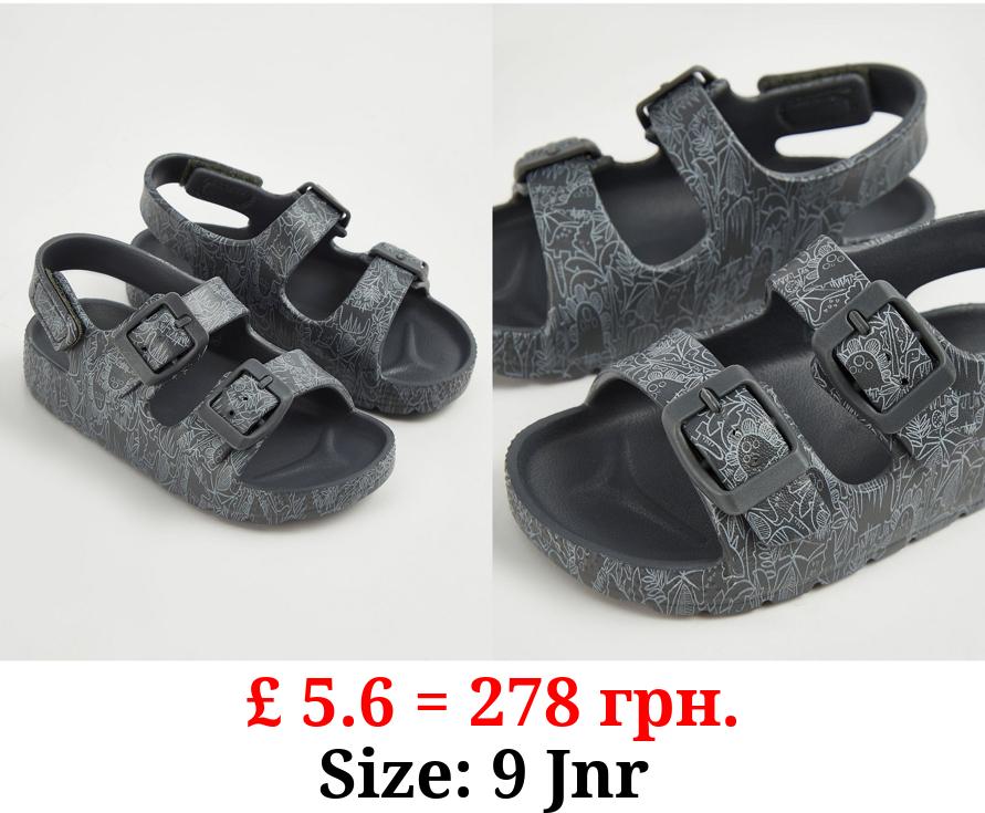 Grey Patterned Double Buckle Sandals