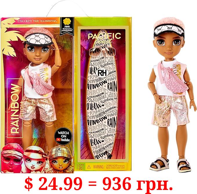 Rainbow High Pacific Coast Finn Rosado- Rose Gold Boy Fashion Doll with Pool Accessories playset, and Surfboard. Great Gift for Kids 6-12 Years Old