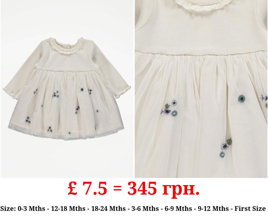 Cream Long Sleeve Floral Mesh Dress