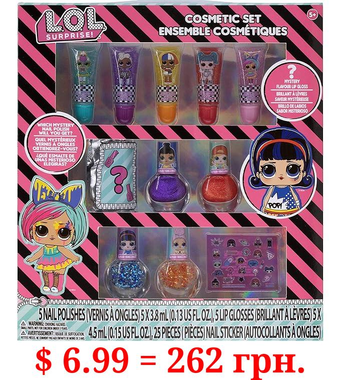 LOL Surprise Townley Girl 11 Pcs Sparkly Cosmetic Makeup Set for Kids Includes 5 Lip Gloss, 5 Nail Polish & Nail Stickers for Girls Tweens, Ages 3+ Perfect for Parties, Sleepovers and Makeovers